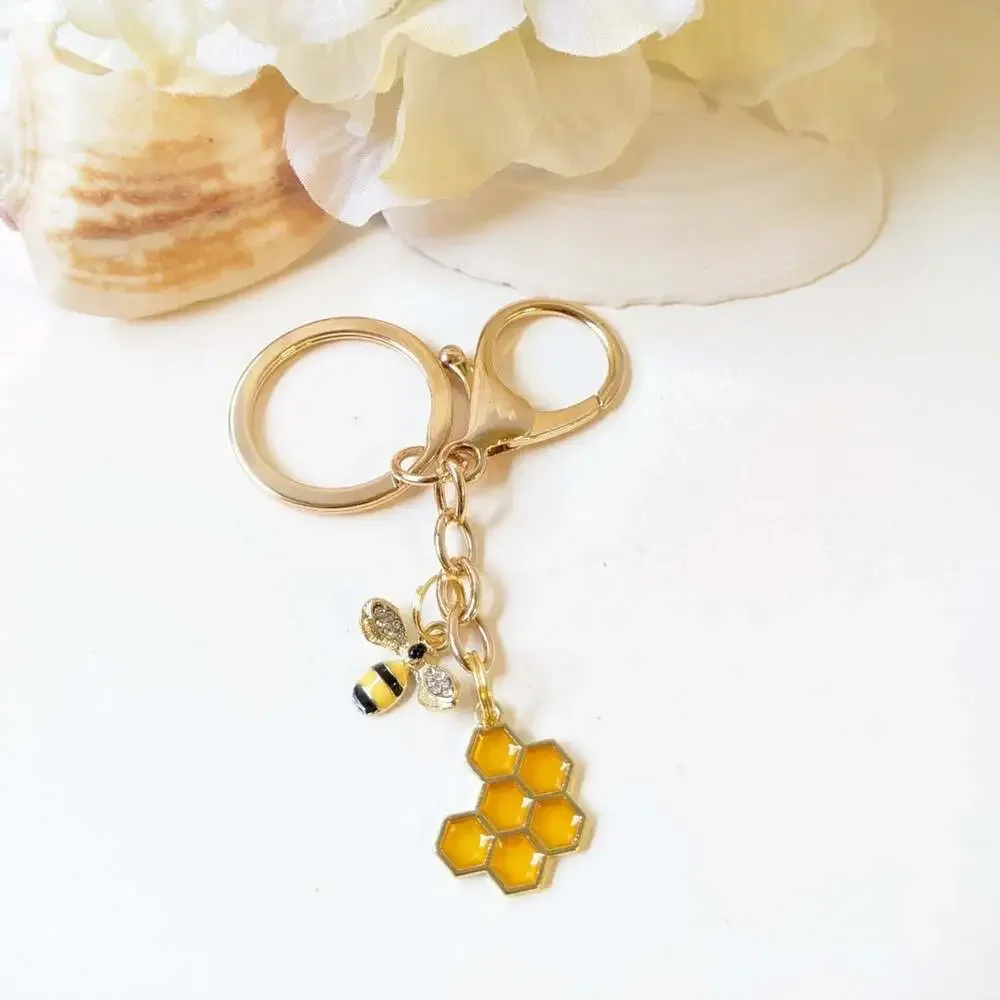 Bumble Bee Honeycomb Gold tone keyring keychain rhinestone stone bag charm gift